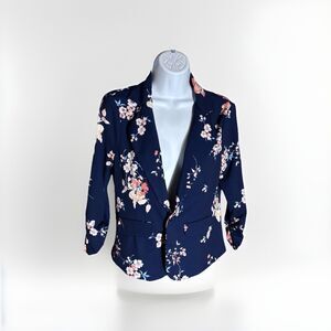 Crescent & Willough Women's Blazer Size M Navy Blue Floral One Button 3/4 Sleeve